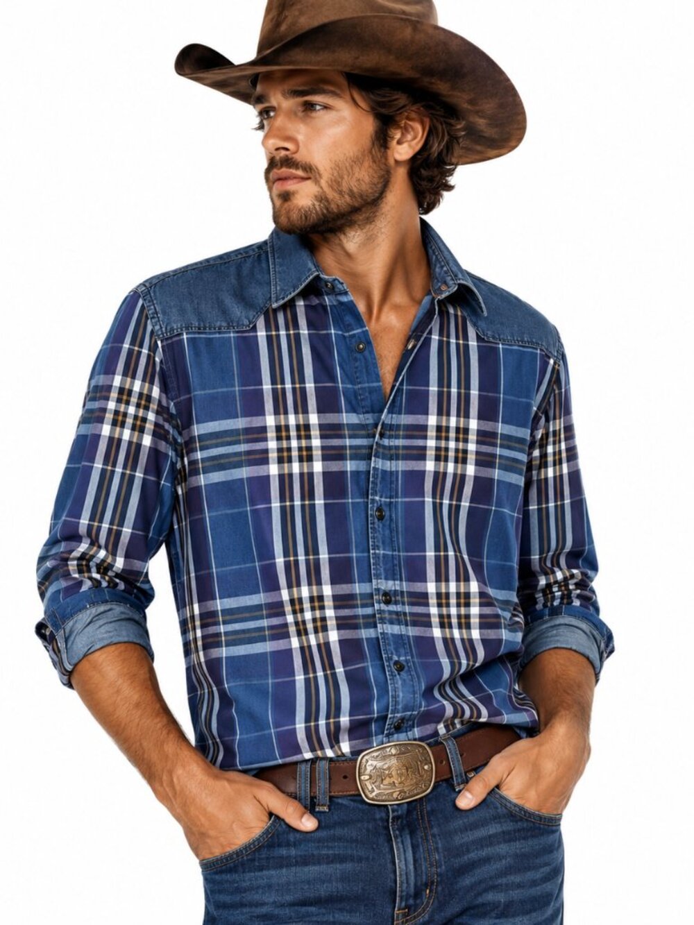 Zara Man Plaid Western Snap Button Shirt Denim Trim Long sleeve Size XL Slim Fit